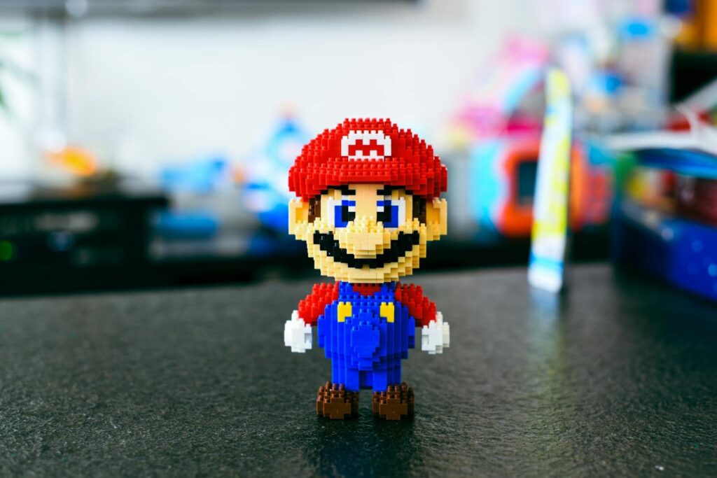 A playful toy brick rendition of a classic game character, perfect for gaming enthusiasts.