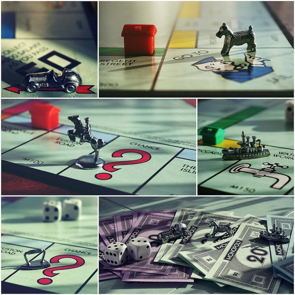 Detailed close-up shots of Monopoly board, tokens, and money for game enthusiasts.