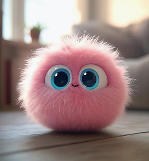 Adorable Pink Fluffy Creature Poses on Wooden Surface