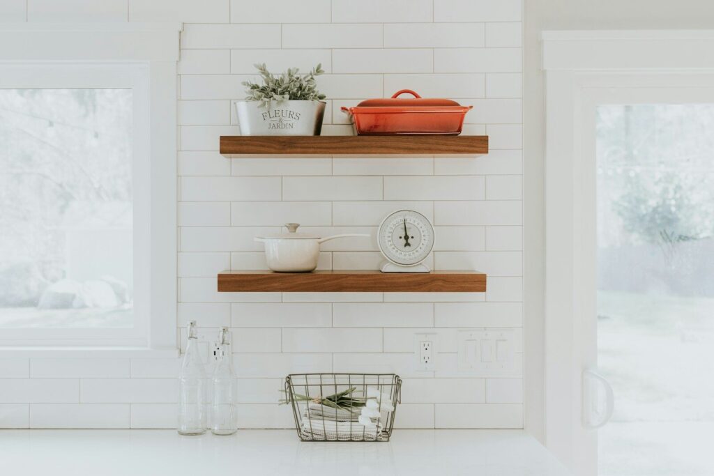 brown wooden rack, floating shelves