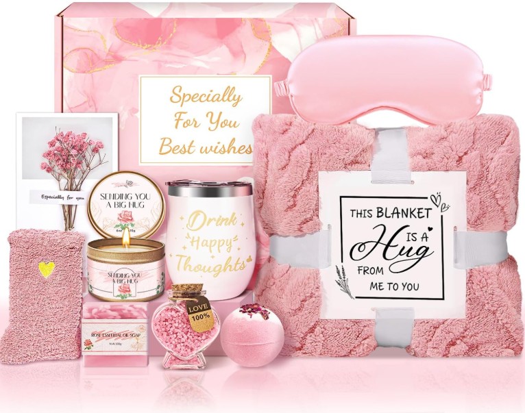 pink gift basket with candle and blankie