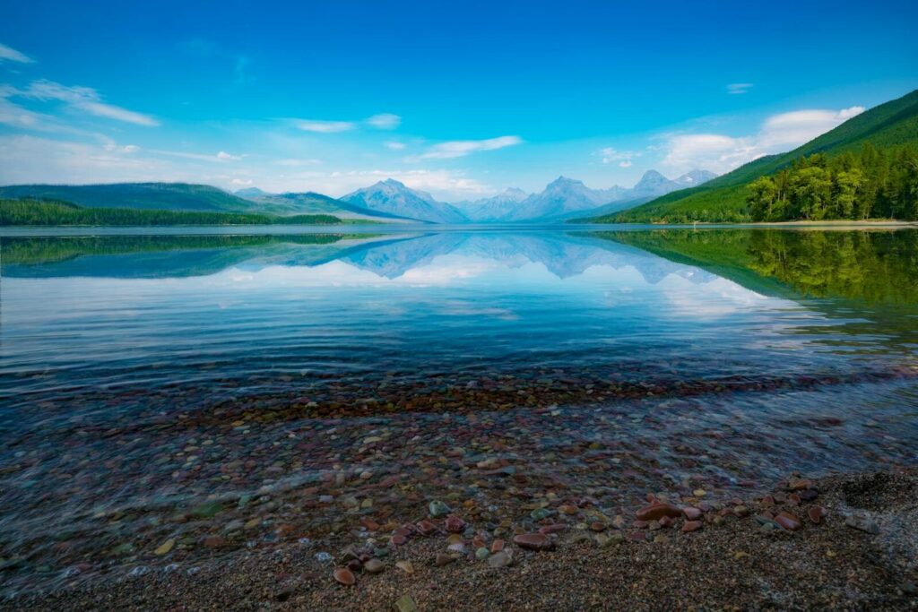 Breathtaking view of Lake McDonald with mountains reflecting in clear water, Glacier National Park.