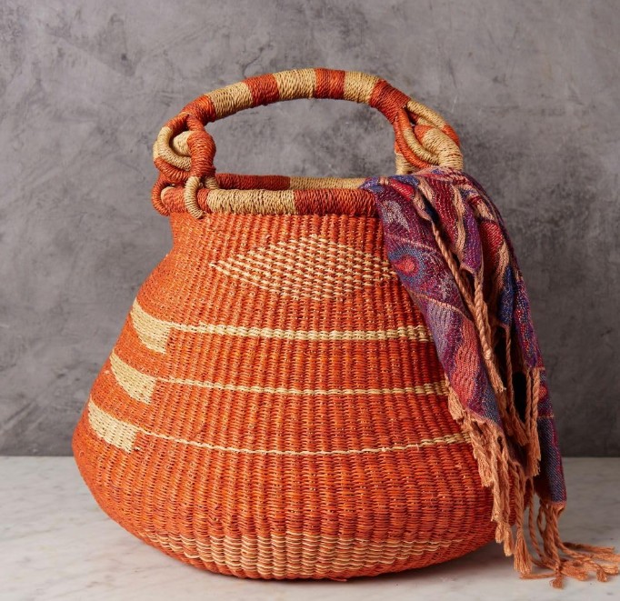 Boho decor Orange Bolga African Basket