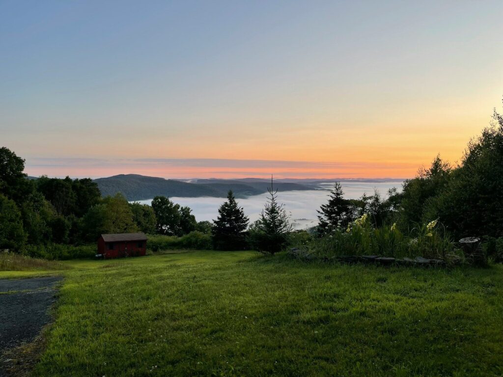 Cozy Cabin Getaways; green grass field near body of water during sunset
