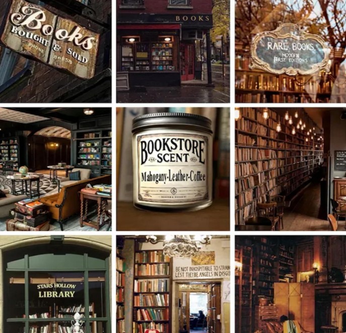 dark academia decorating; bookstore candle