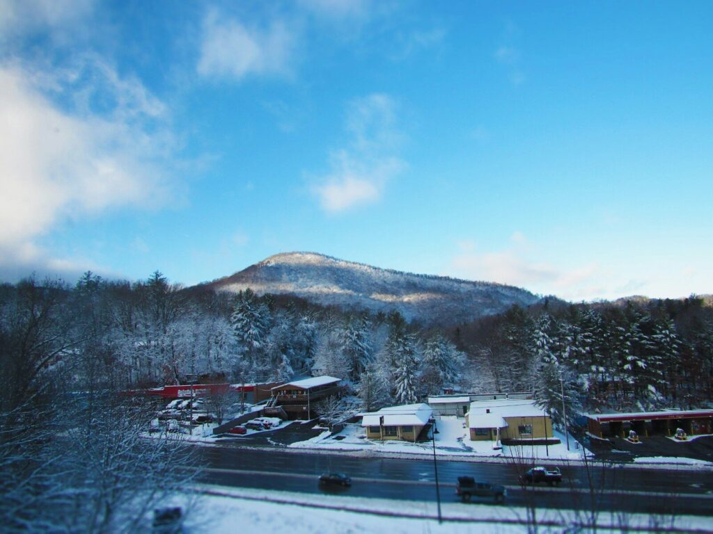 Year-Round Mountain Retreat; a snowy mountain with buildings and trees