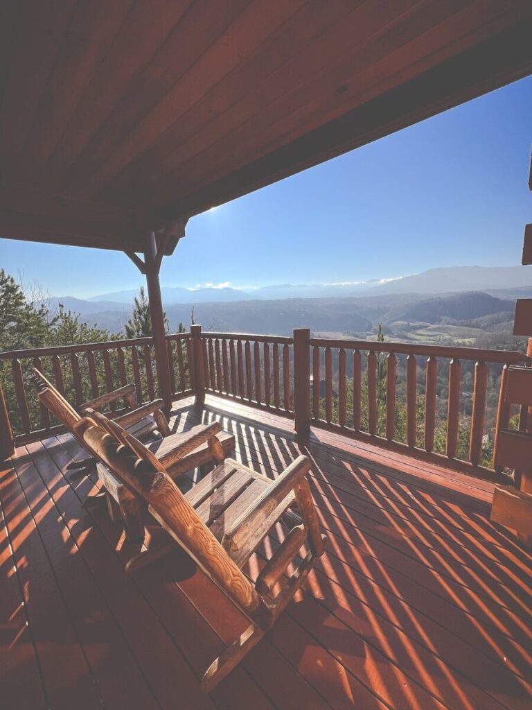 Smoky Mountains Cabin, Tennessee; a bench on a deck